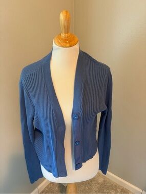 Blue Ribbed Button-Front Women’s Slim Rib Cardigan Sweater #6173